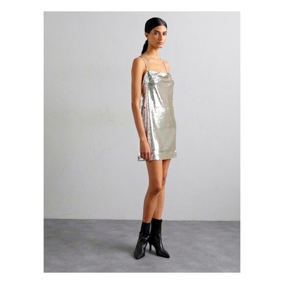 NWT Maje Paris Silver Sequin Low Back Chain Detail Mini Dress Size 36 / US Small - Picture 1 of 3